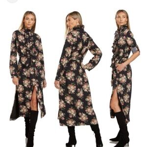 Floral Black Maxi Dress with Ruffle Neck and Tie Waist